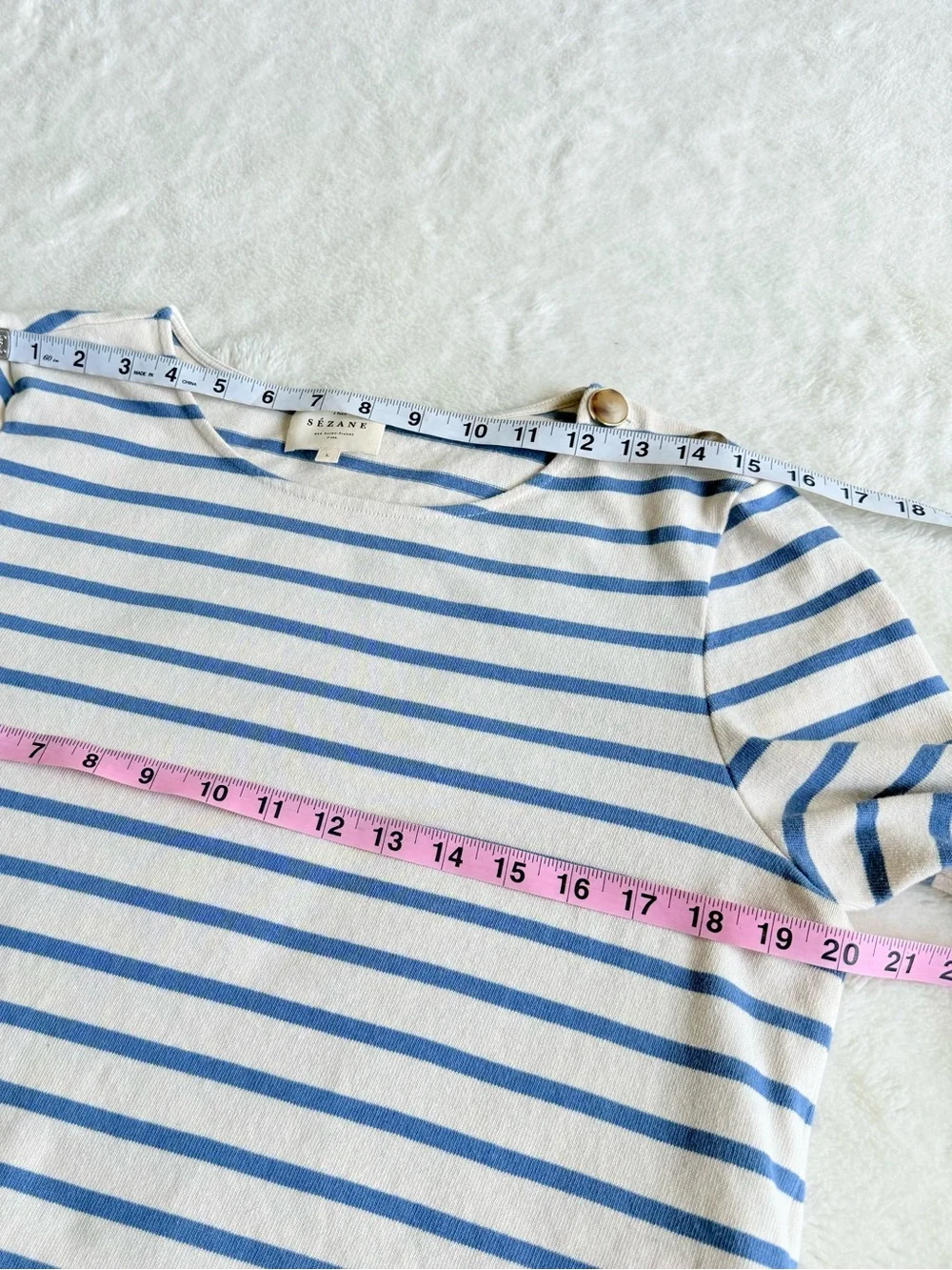 Sezane Colette Cotton Stripes Ivory Blue Crewneck Long Sleeve T-shirt L - Picture 5 of 10